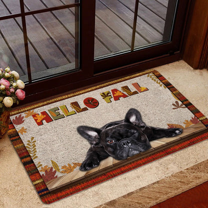French Bulldog Welcome Doormat, French Bulldog Dog Hello Fall Pumpkin Spice Maple Leaf Autumn Welcome Doormat, Pets Home Decor Door Mat