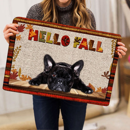 French Bulldog Welcome Doormat, French Bulldog Dog Hello Fall Pumpkin Spice Maple Leaf Autumn Welcome Doormat, Pets Home Decor Door Mat