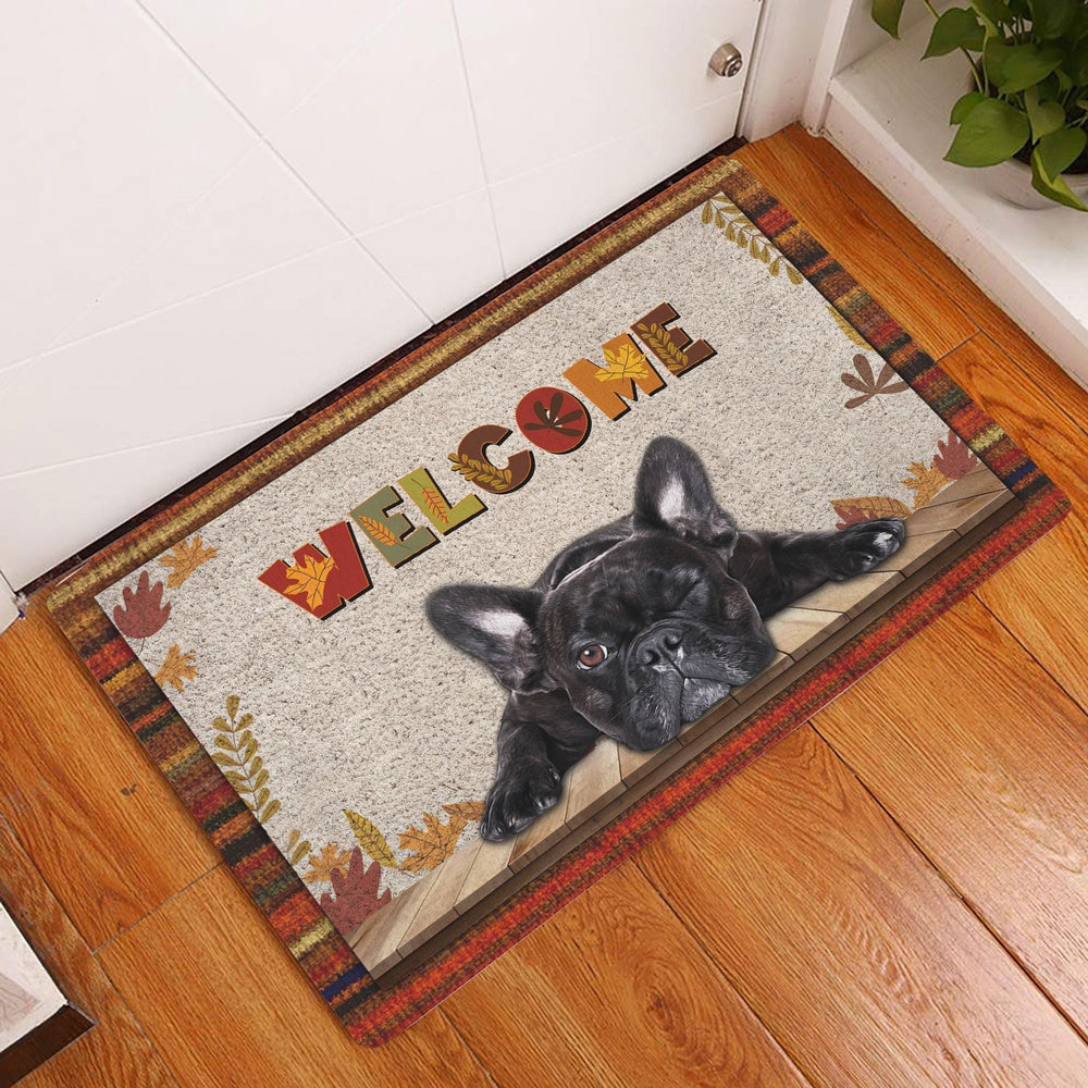 French Bulldog Welcome Doormat, French Bulldog Dog Welcome Fall Autumn Pumpkin Spice Maple Leaf Welcome Doormat, Pets Home Decor Door Mat