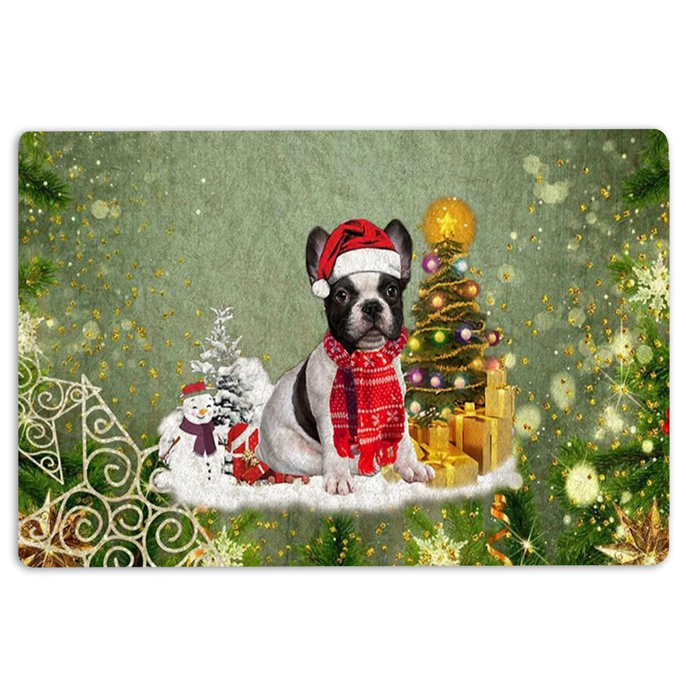 French Bulldog Welcome Doormat, French Bulldog Merry Christmas Snow Christmas Tree Xmas Holidays Welcome Doormat, Pets Home Decor Door Mat