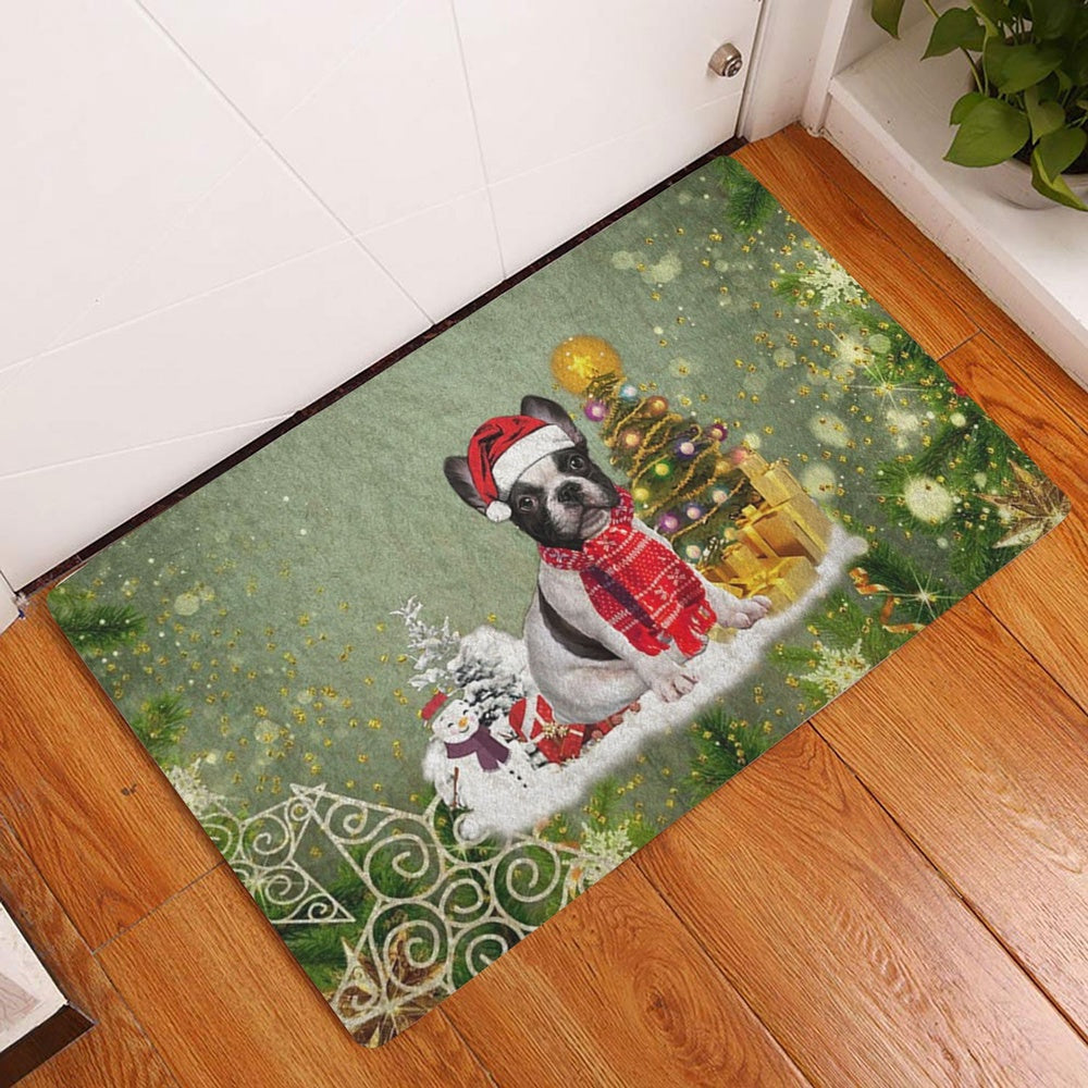 French Bulldog Welcome Doormat, French Bulldog Merry Christmas Snow Christmas Tree Xmas Holidays Welcome Doormat, Pets Home Decor Door Mat