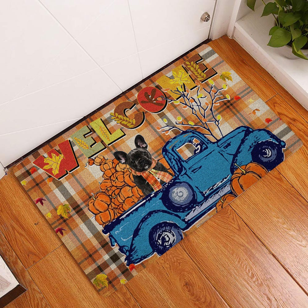French Bulldog Welcome Doormat, French Bulldog Pumpkin Truck Welcome Autumn Happy Fall Y'all Welcome Doormat, Pets Home Decor Door Mat