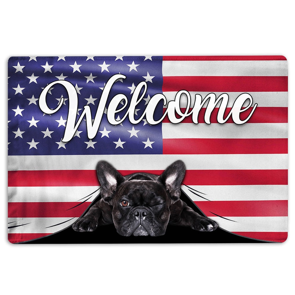 French Bulldog Welcome Doormat, Funny French Bulldog Welcome American Flag USA Patriotic Welcome Doormat, Pets Home Decor Door Mat