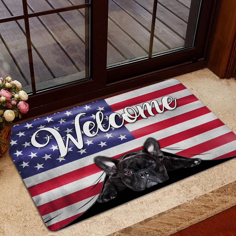 French Bulldog Welcome Doormat, Funny French Bulldog Welcome American Flag USA Patriotic Welcome Doormat, Pets Home Decor Door Mat