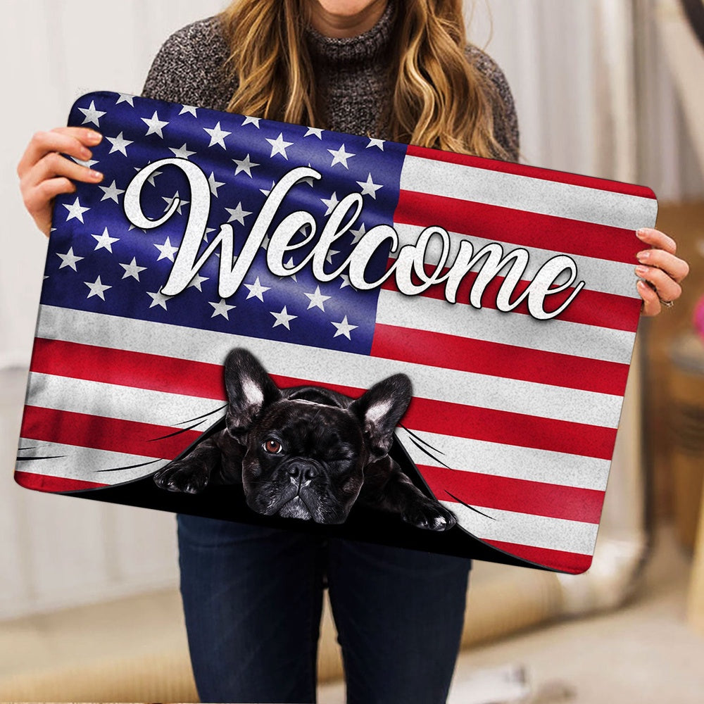 French Bulldog Welcome Doormat, Funny French Bulldog Welcome American Flag USA Patriotic Welcome Doormat, Pets Home Decor Door Mat