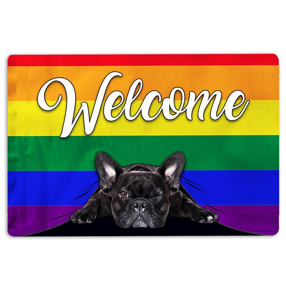 French Bulldog Welcome Doormat, LGBT French Bulldog Welcome Pride Rainbow Flag Welcome Doormat, Pets Home Decor Door Mat
