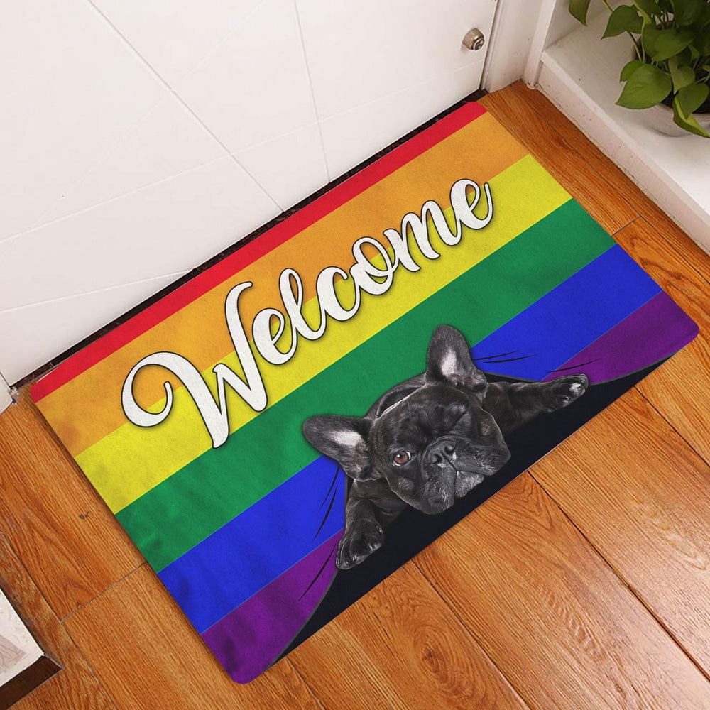French Bulldog Welcome Doormat, LGBT French Bulldog Welcome Pride Rainbow Flag Welcome Doormat, Pets Home Decor Door Mat