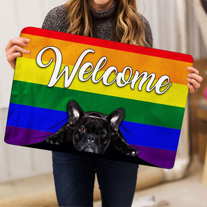 French Bulldog Welcome Doormat, LGBT French Bulldog Welcome Pride Rainbow Flag Welcome Doormat, Pets Home Decor Door Mat