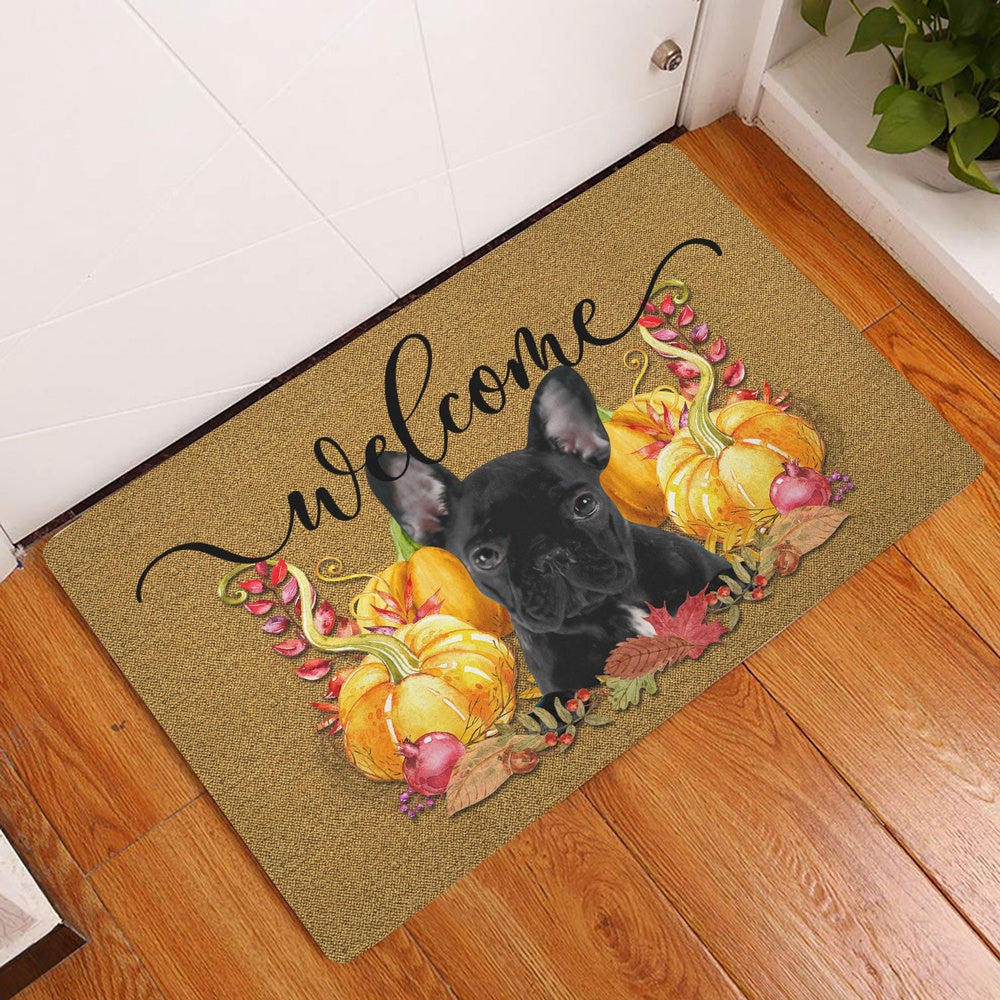 French Bulldog Welcome Doormat, Pumpkin Spice French Bulldog Welcome Fall Autumn Welcome Doormat, Pets Home Decor Door Mat