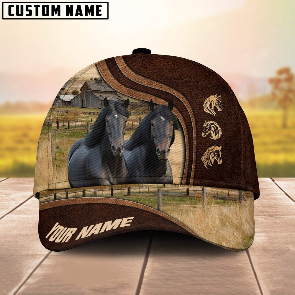 Friesian Horses Dark Brown Pattern Customized Name Cap, Farmer Cap, Vintage Farmer Hat, Mens Farmer Hats, Cap For Farmers