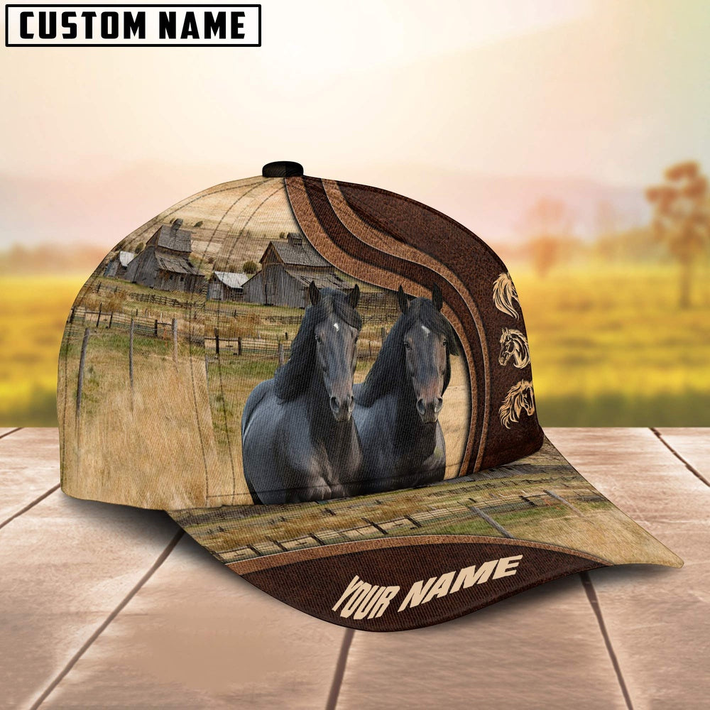 Friesian Horses Dark Brown Pattern Customized Name Cap, Farmer Cap, Vintage Farmer Hat, Mens Farmer Hats, Cap For Farmers