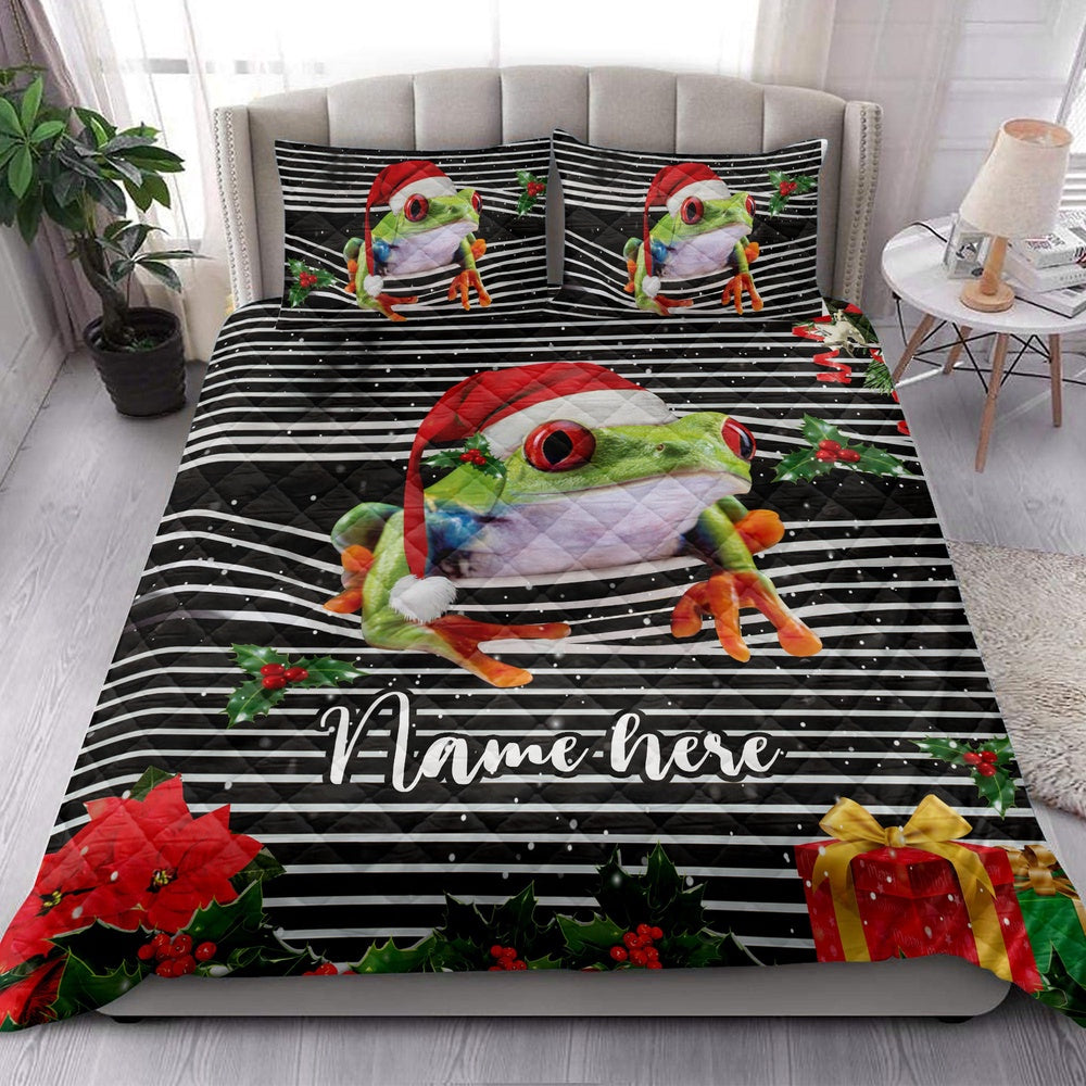 Frogmas Striped With Santa Hat Bedding Set, Christmas Beddings, Xmas Bedding Sets