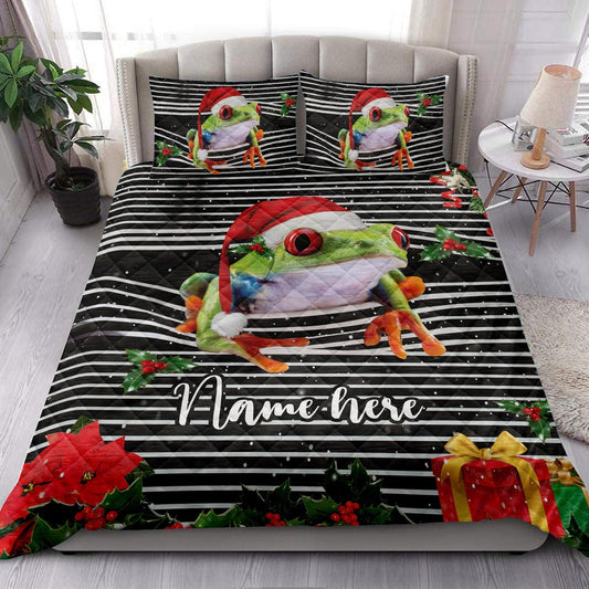Frogmas Striped With Santa Hat Bedding Set, Christmas Beddings, Xmas Bedding Sets