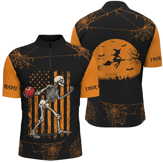 Funny Black And Orange American Flag Halloween Skull Custom Mens Bowling Shirts, Bowling Team Jerseys, Bowling Jersey Shirt