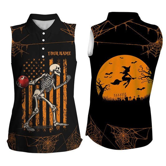 Funny Black And Orange American Flag Halloween Skull Custom Women Sleeveless Polo Shirt Bowling Polo, Women Bowling Shirts