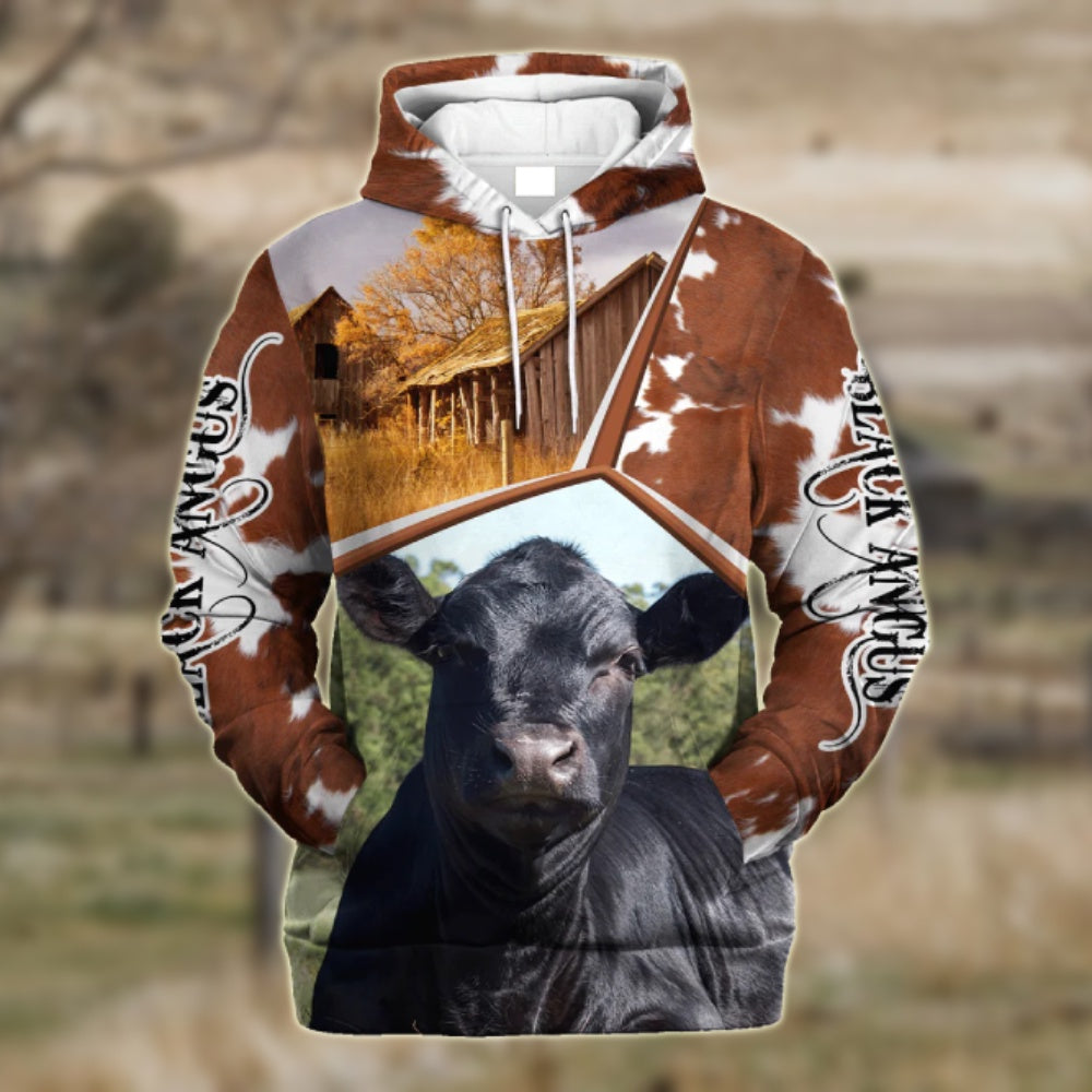 Funny Black Angus Cattle Farmhouse 3D Printed Hoodie, Farmer Hoodie, Farm Themed Shirts, Farm Tee Shirts