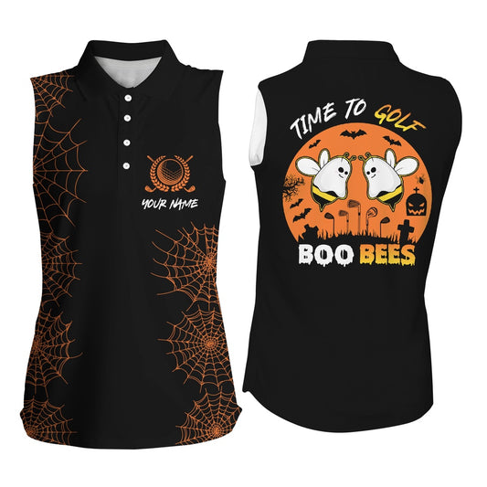 Funny Black Orange Halloween Golf Shirt Custom Name Womens Sleeveless Polo Shirt Time To Golf Boo Bees, Women Golf Shirts
