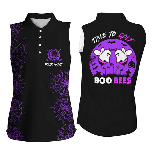 Funny Black Purple Halloween Golf Shirt Custom Name Womens Sleeveless Polo Shirt Time To Golf Boo Bees, Women Golf Shirts