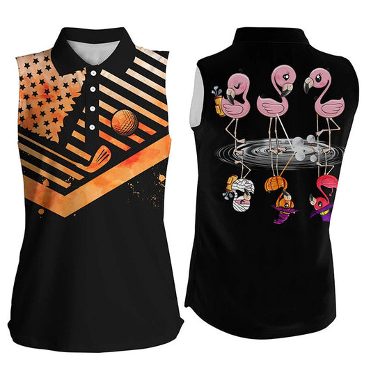 Funny Black Women Sleeveless Polo Shirts Orange American Flag Halloween Flamingo Golf Friends, Women Golf Shirts