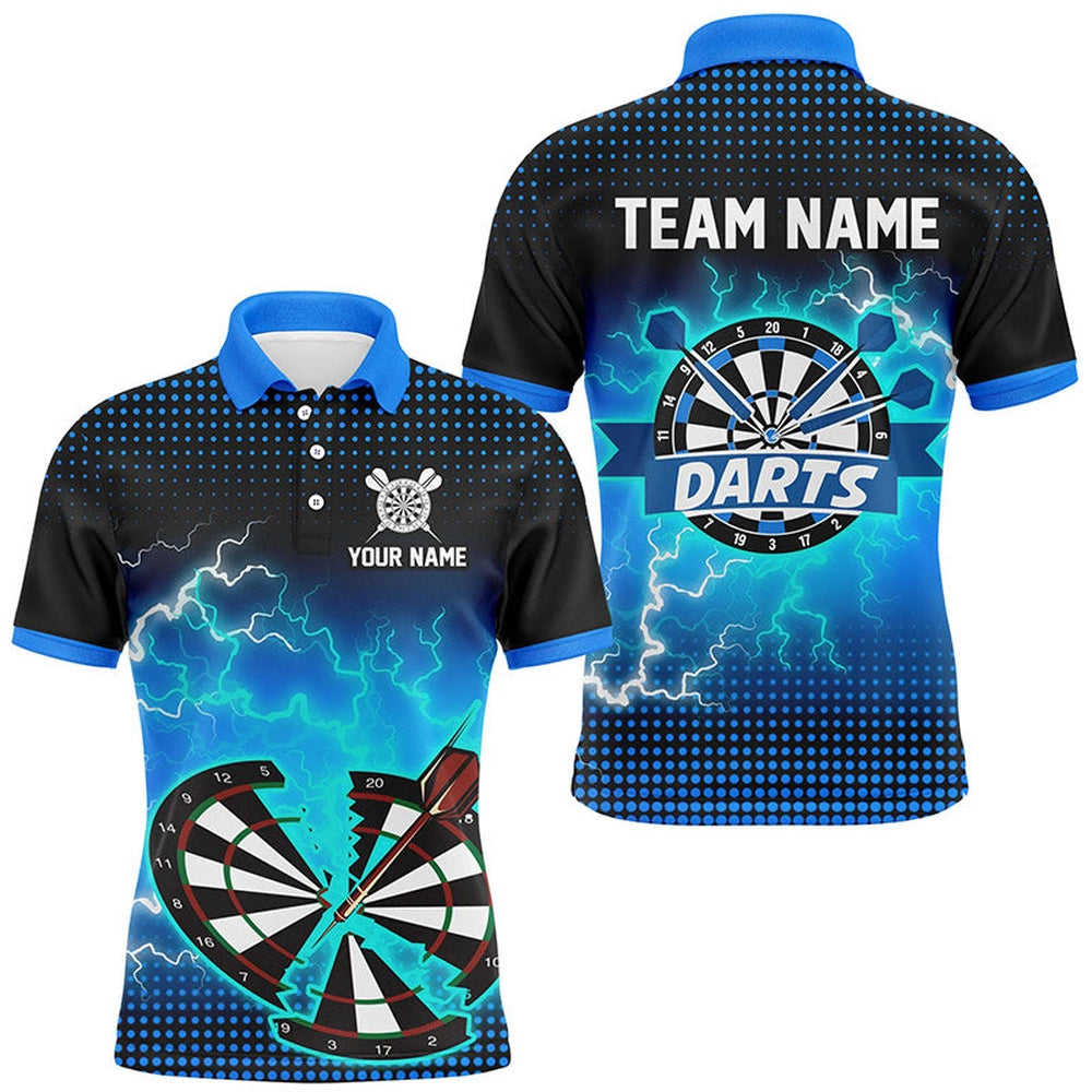 Funny Blue Crack Dartboard Thunder Lightning 3D Printed Custom Men Darts Shirts Darts Team Polo, Darts Team Polo Shirt