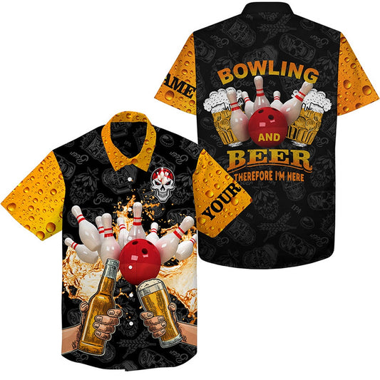 Funny Bowling Beer Skull Hawaiian Bowling Shirts, Custom Name Bowling And Beer Therefore I'm Here, Bowling Team Hawaiian