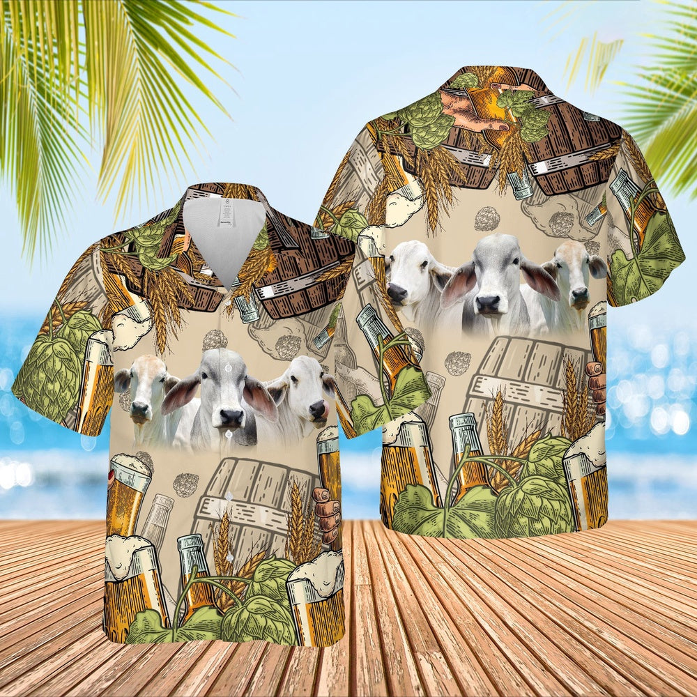 Funny Brahman Cattle Beer Pattern Hawaiian Shirt, Farm Hawaiian Shirt, Farmer Hawaii