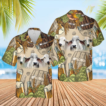 Funny Brahman Cattle Beer Pattern Hawaiian Shirt, Farm Hawaiian Shirt, Farmer Hawaii