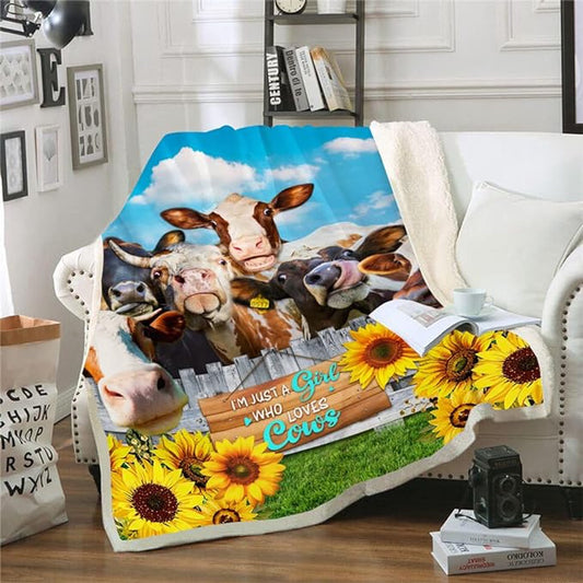 Funny Cattle Sunflower Pattern Blanket, Farm Blanket, Farm Animal Blanket