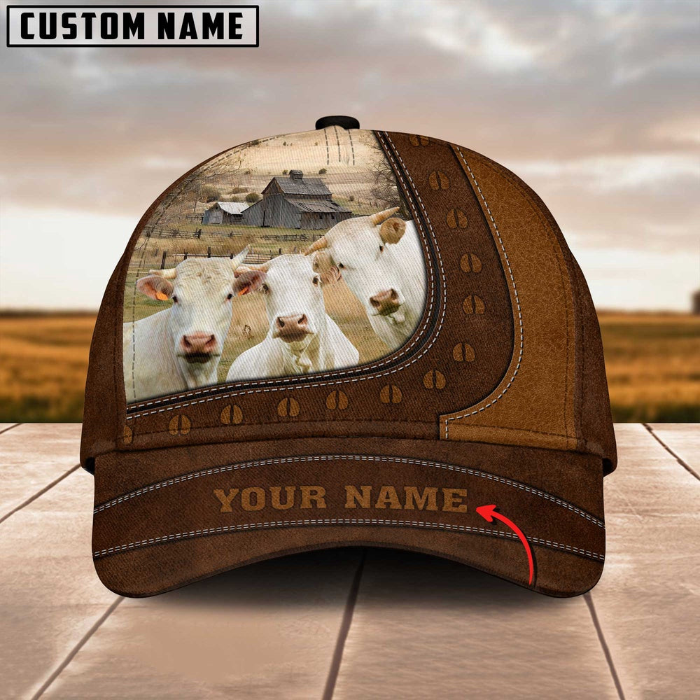 Funny Charolais Cattle Customized Name Brown Cap, Farmer Cap, Vintage Farmer Hat, Mens Farmer Hats, Cap For Farmers