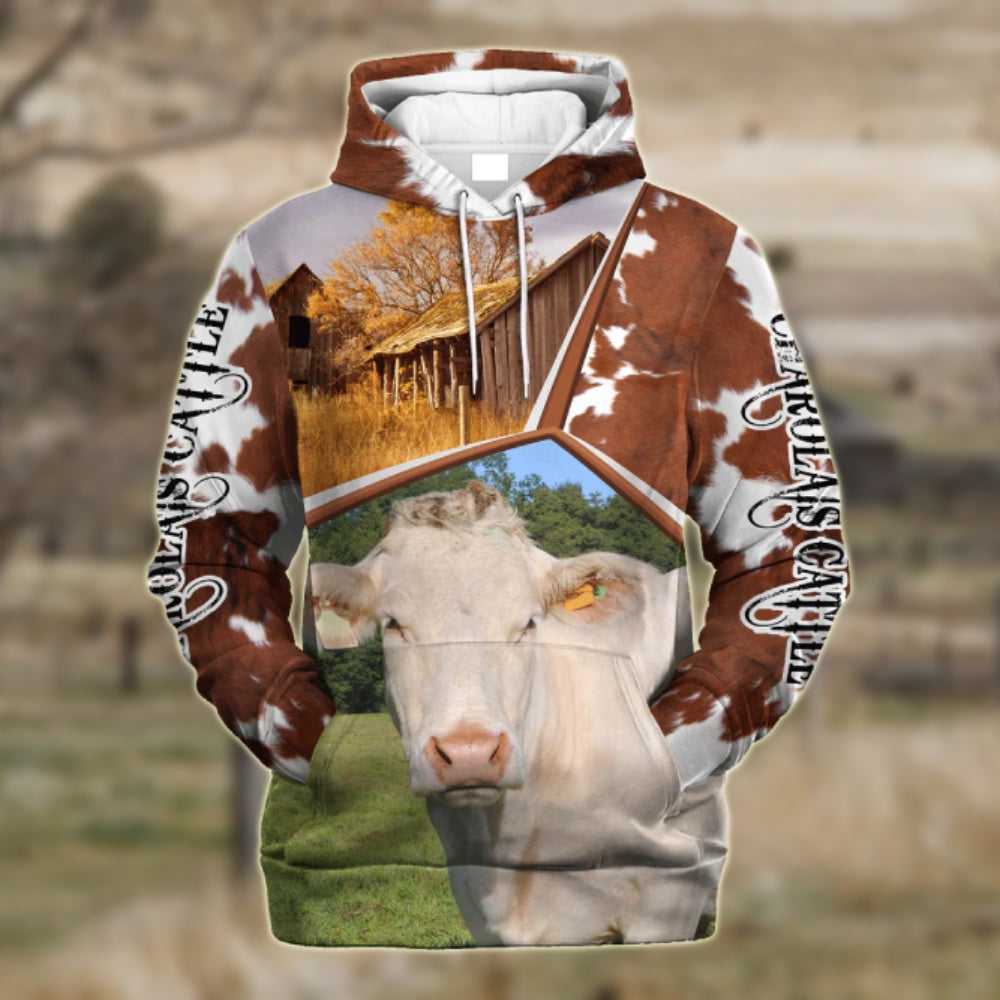 Funny Charolais Cattle Farmhouse 3D Printed Hoodie, Farmer Hoodie, Farm Themed Shirts, Farm Tee Shirts
