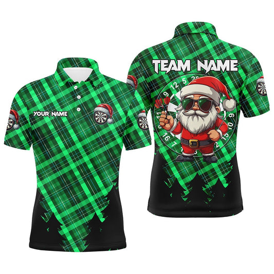 Funny Christmas Santa Custom Green Plaid Pattern Dart Shirts For Men, Christmas Darts Outfit Gift, Darts Team Polo Shirt