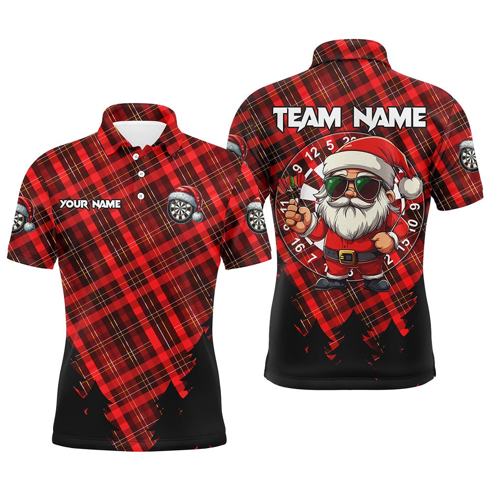 Funny Christmas Santa Custom Red Plaid Pattern Dart Shirts For Men, Christmas Darts Outfit Polo, Darts Team Polo Shirt