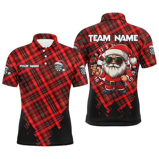 Funny Christmas Santa Custom Red Plaid Pattern Dart Shirts For Men, Christmas Darts Outfit Polo, Darts Team Polo Shirt