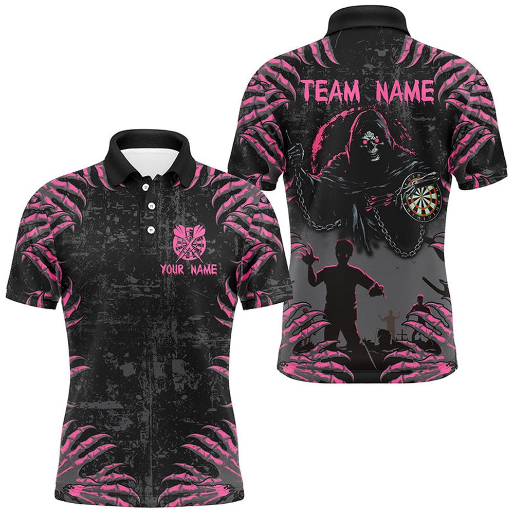 Funny Claw Death Skeleton Men Darts Shirts Custom Grunge Pink Black Scary Halloween Darts Polo, Darts Team Polo Shirt