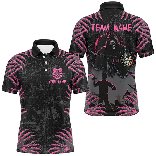 Funny Claw Death Skeleton Men Darts Shirts Custom Grunge Pink Black Scary Halloween Darts Polo, Darts Team Polo Shirt
