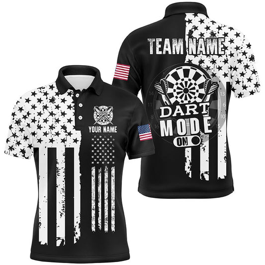 Funny Darts Mode On Custom Black White American Flag Darts Shirts For Men, Patriotic Darts Polo, Darts Team Polo Shirt