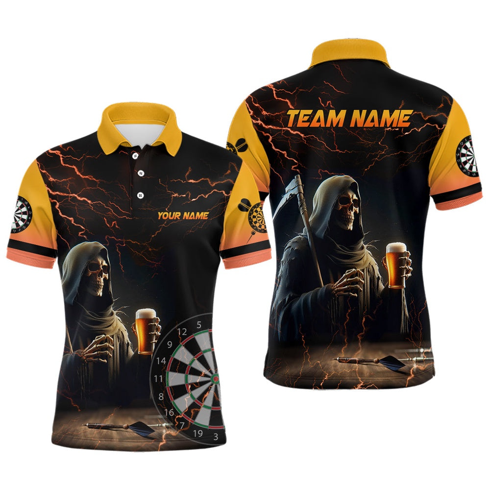 Funny Death Skull Beer Darts Polo Shirts For Men Custom Beer And Player Darts Polo, Darts Team Polo Shirt