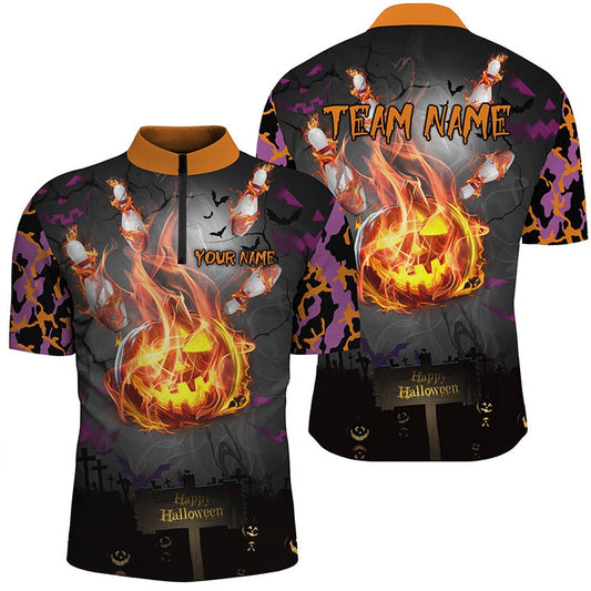 Funny Flame Pumpkin Men Bowling Polo, Jersey Shirtcustom Halloween Camo Bowling Team Jerseys, Bowling Jersey Shirt