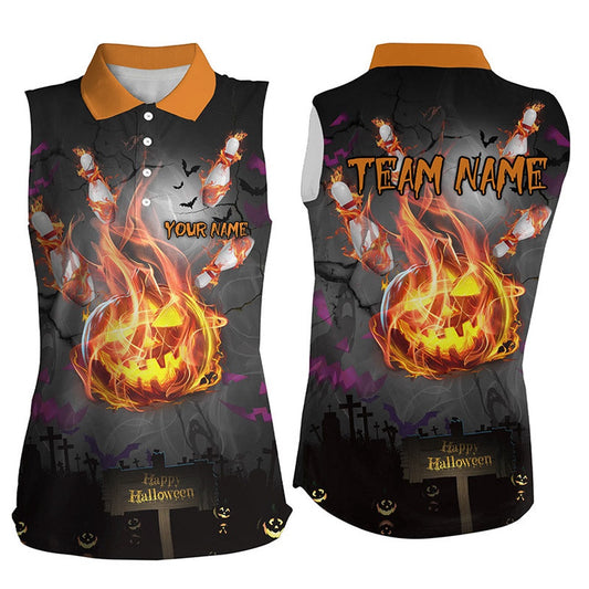 Funny Flame Pumpkin Women Bowling Sleeveless Polo Shirts Custom Halloween Camo Bowling Team Polo, Women Bowling Shirts