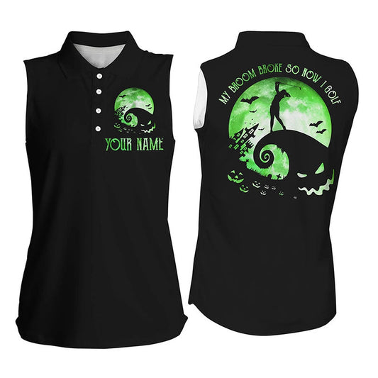 Funny Green Moon Halloween Golf Shirt Custom Womens Sleeveless Polo Shirt My Broom Broke So Now I Golf, Women Golf Shirts