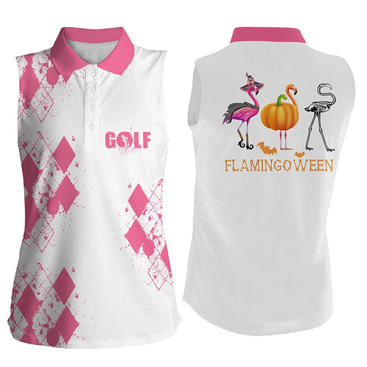 Funny Halloween Flamingoween Womens Sleeveless Polos Shirt, Pink Flamingo Golf Shirt For Ladies, Women Golf Shirts