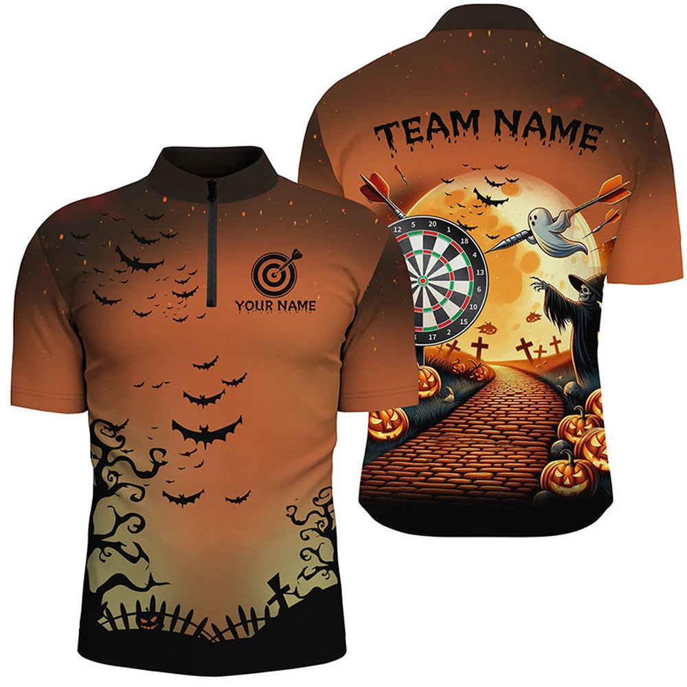 Funny Halloween Men Dart Shirts Custom Orange Black Dart Jerseys, Halloween Outfit For Darts Love, Darts Team Jersey Shirt