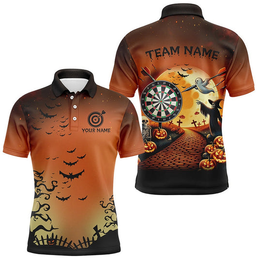 Funny Halloween Men Dart Shirts Custom Orange Black Dart Polo, Halloween Outfit For Darts Lover, Darts Team Polo Shirt