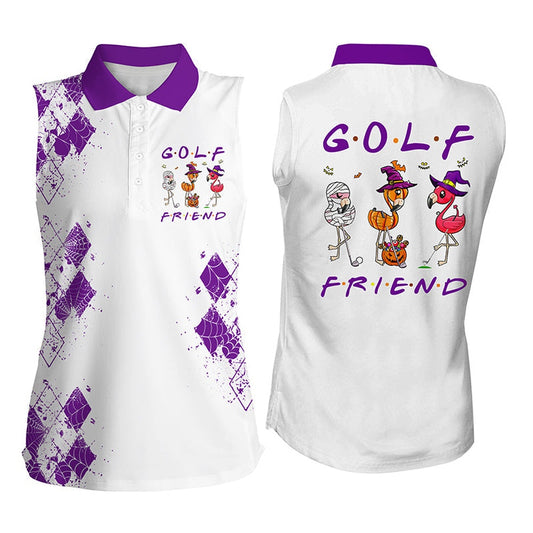 Funny Halloween Womens Sleeveless Golf Polo Shirt - Flamingo Golf Friend Purple Halloween Shirt, Women Golf Shirts
