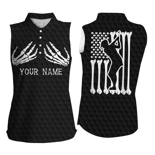 Funny Halloween Womens Sleeveless Polo Shirt Skeleton American Flag Custom Name Black White Golf Shirt, Women Golf Shirts