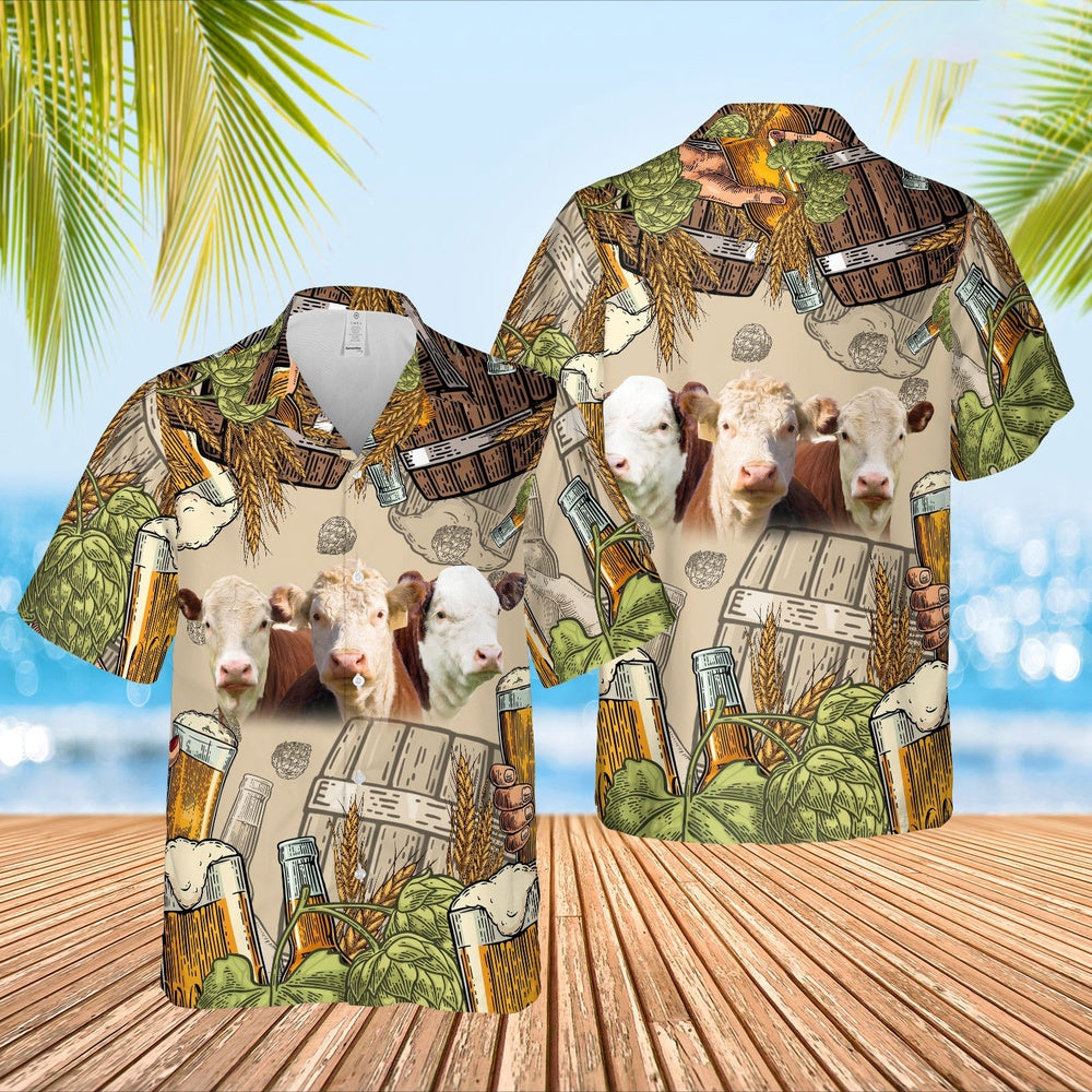 Funny Hereford Cattle Beer Pattern Hawaiian Shirt, Farm Hawaiian Shirt, Farmer Hawaii