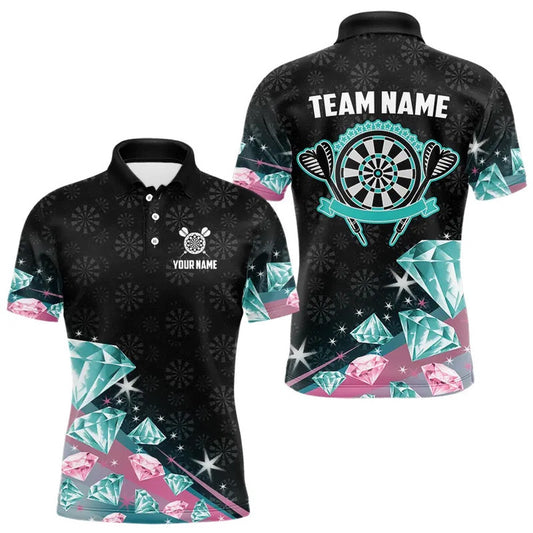 Funny Pink And Turquoise Diamonds Darts Polo Custom Dart Shirts For Men Dart Polo, Darts Team Polo Shirt