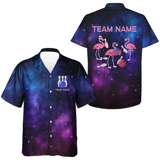 Funny Pinkflamingo Team Bowling Hawaiian Shirts, Custom Galaxy Pattern Bowling Button Up Shirts, Bowling Team Hawaiian