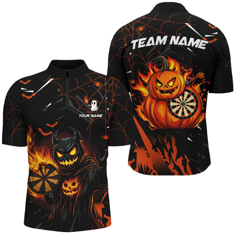 Funny Pumpkin Fire Flame Custom Halloween Darts Shirts For Men, Halloween Gifts For Darts Love, Darts Team Jersey Shirt