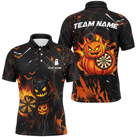 Funny Pumpkin Fire Flame Custom Halloween Darts Shirts For Men, Halloween Gifts For Darts Lover, Darts Team Polo Shirt